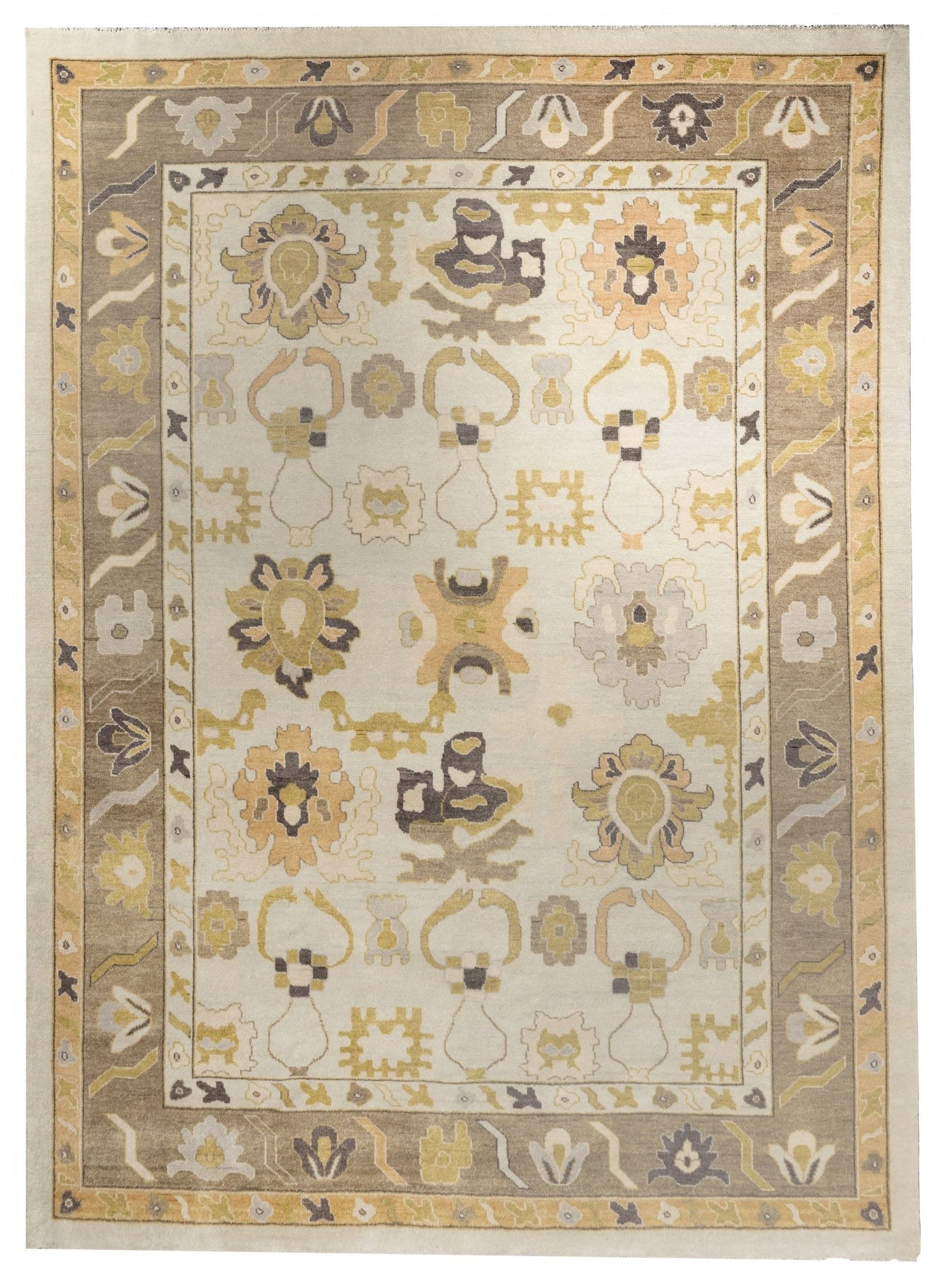 Neutral toned and hand-knotted Oushak style rug made of 100% New Zealand wool. This rug is comprised of tan, beige, brown, ivory, and charcoal colors.