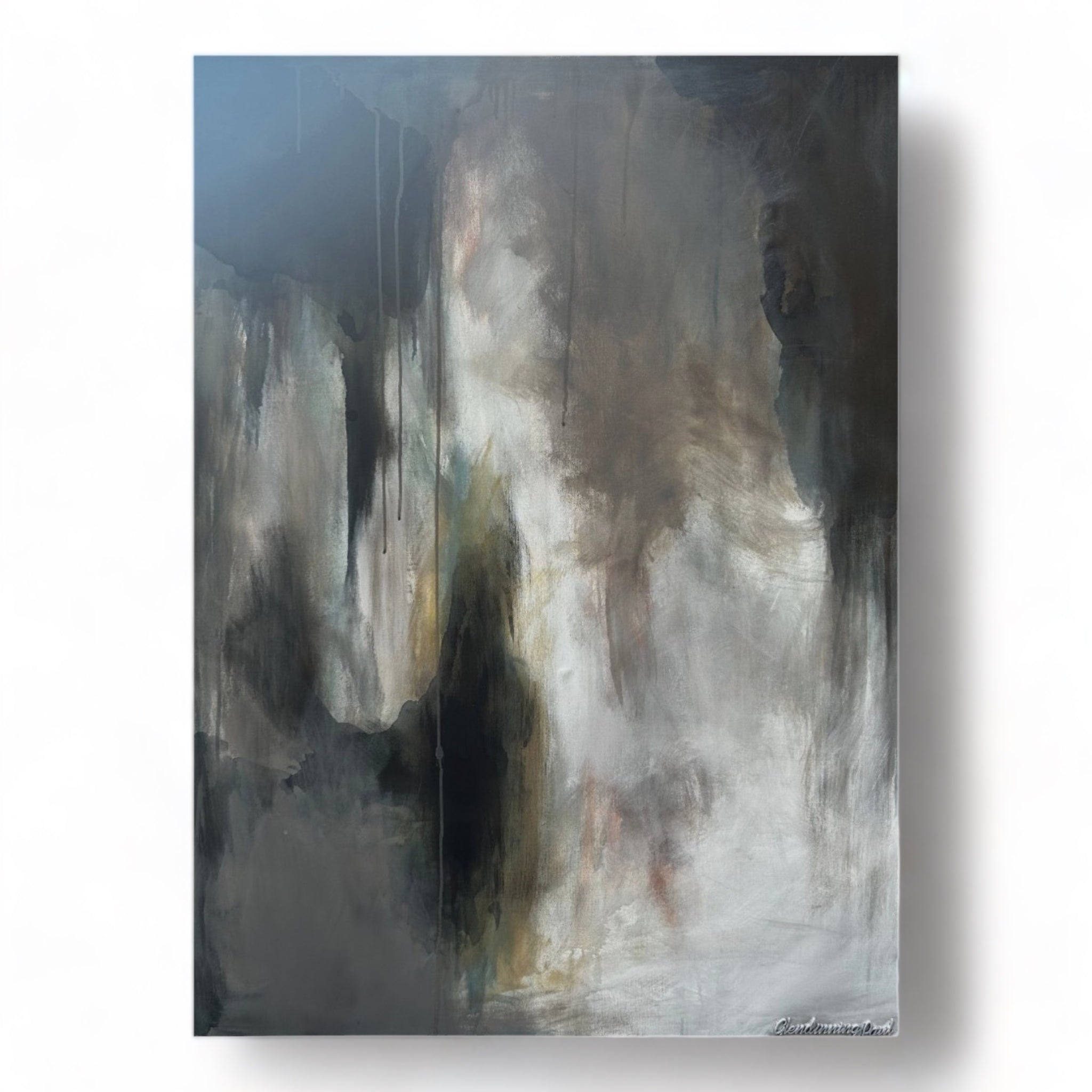 Beautiful abstract artwork painting by Birmingham artist Glendinning Paul.  This piece is a composition of moody, dark hues of blue, gray and taupe with a touch of gold and blush and a splash of white for the moonlight.