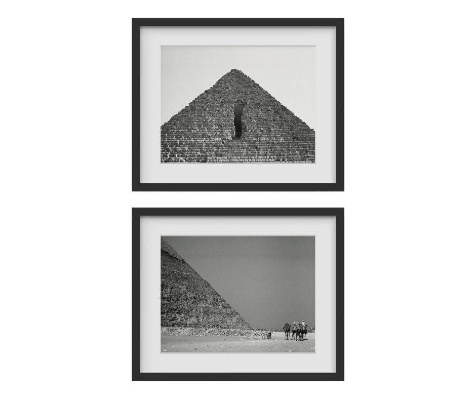 This professional photography for sale includes two black and white photos of pyramids in Cairo, Egypt.  The photos were taken by award-winning photographer, Paul Scott.