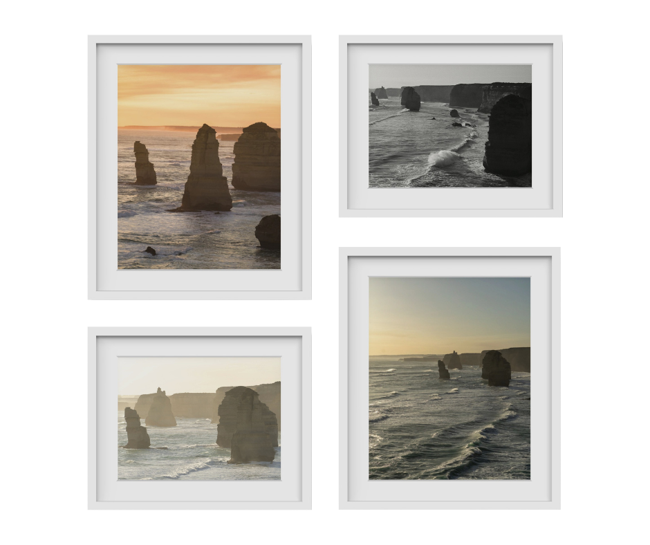 This collection of professional photography for sale was taken in Victoria, Australia and consists of four photographs by Paul Scott.  The rock formations stand tall out of the ocean along the coast line.