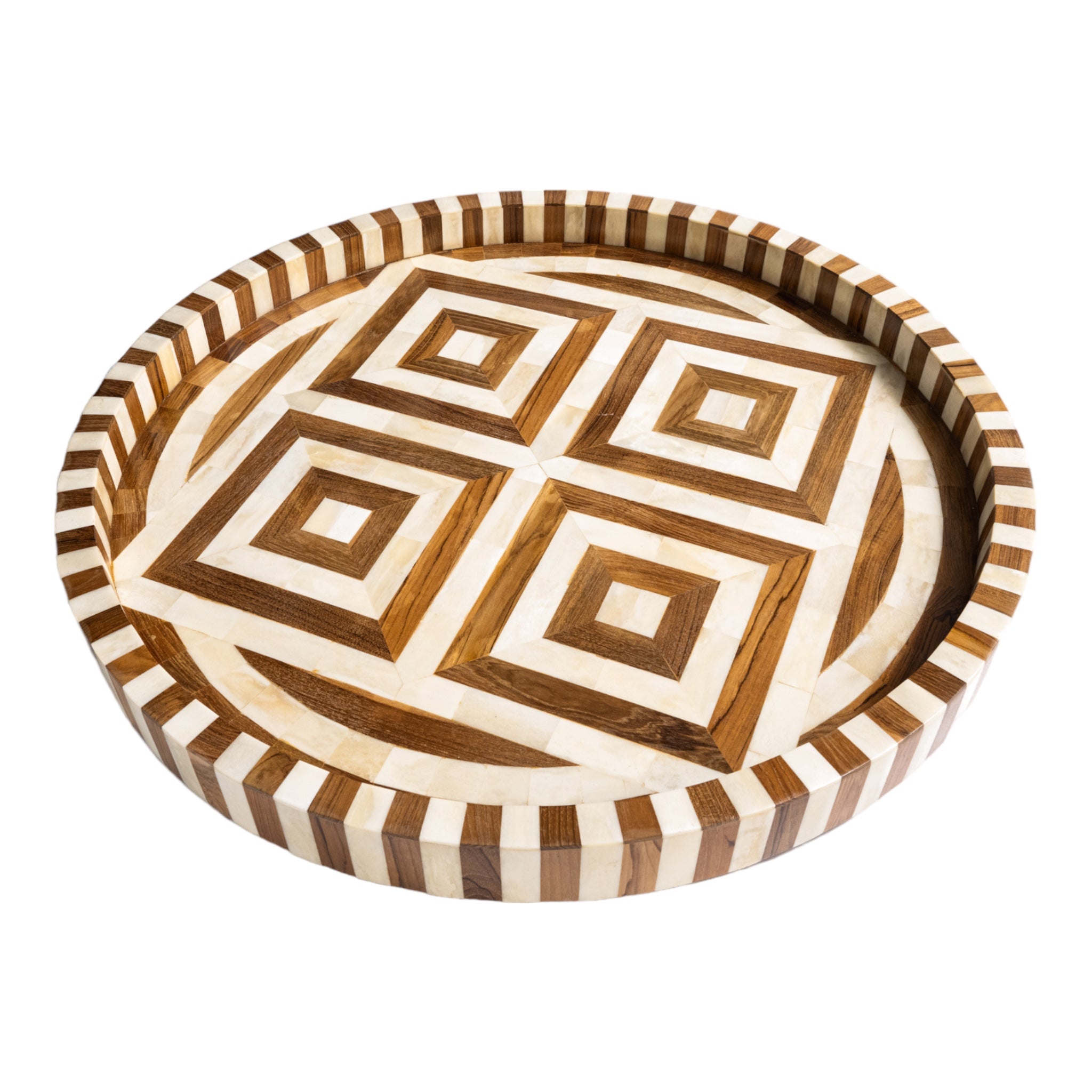 Round Wood and Bone Inlay Tray