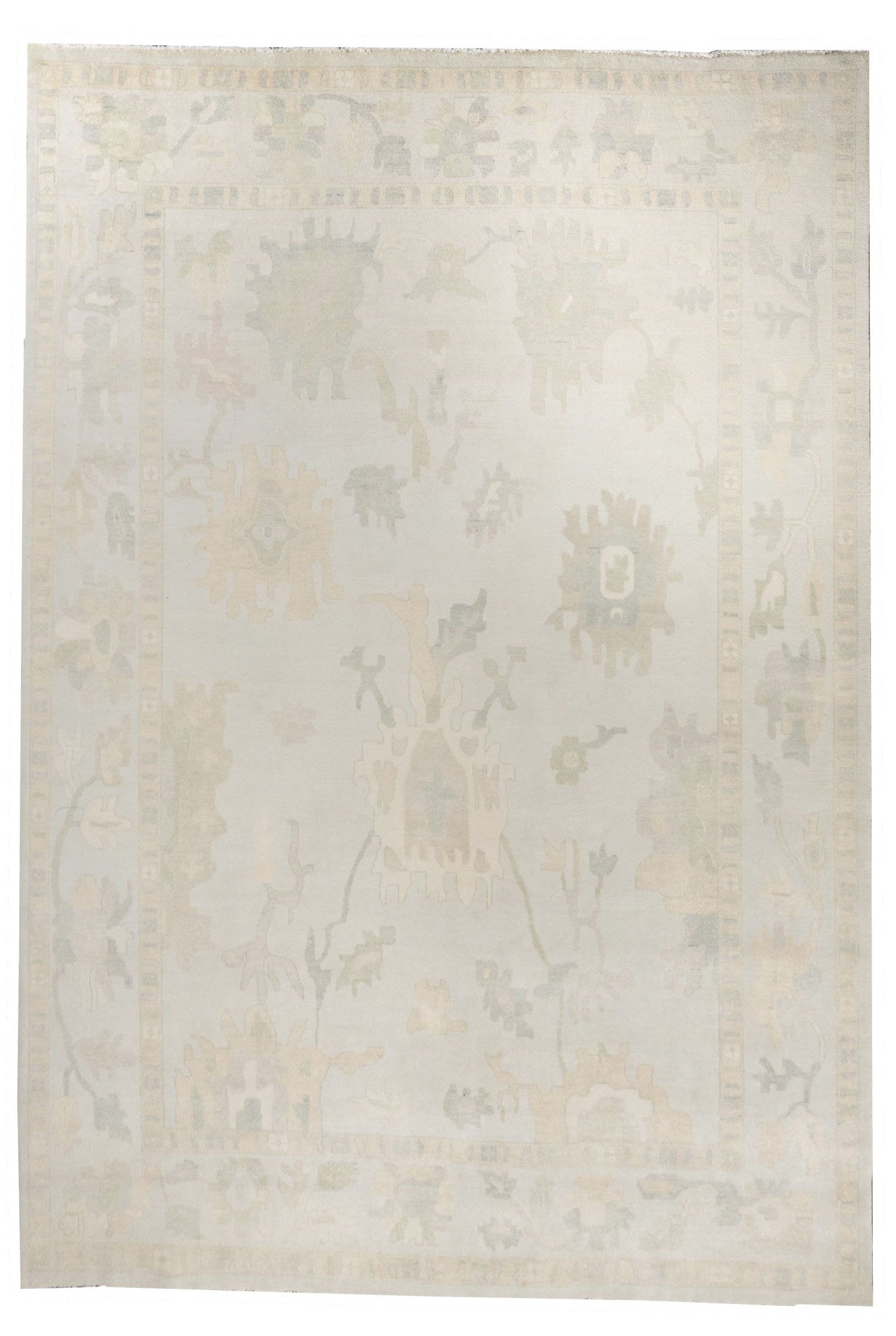Neutral toned and hand-knotted Oushak style rug made of 100% New Zealand wool. This rug is comprised of tan, taupe, beige, gray, ivory, and blue colors.