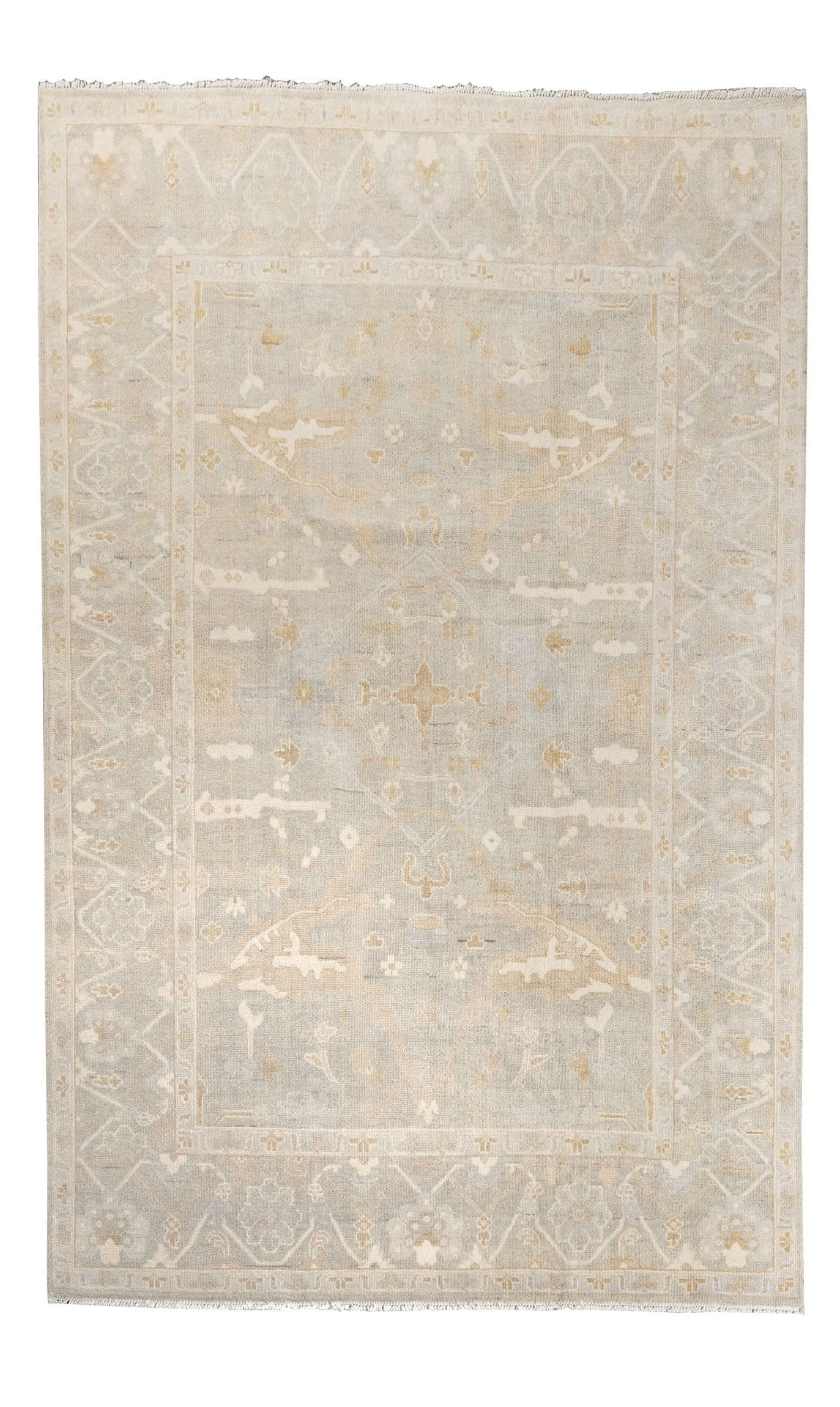 Neutral toned and hand-knotted Oushak style rug made of 100% New Zealand wool. This rug is comprised of tan, beige, ivory, and gray colors. 