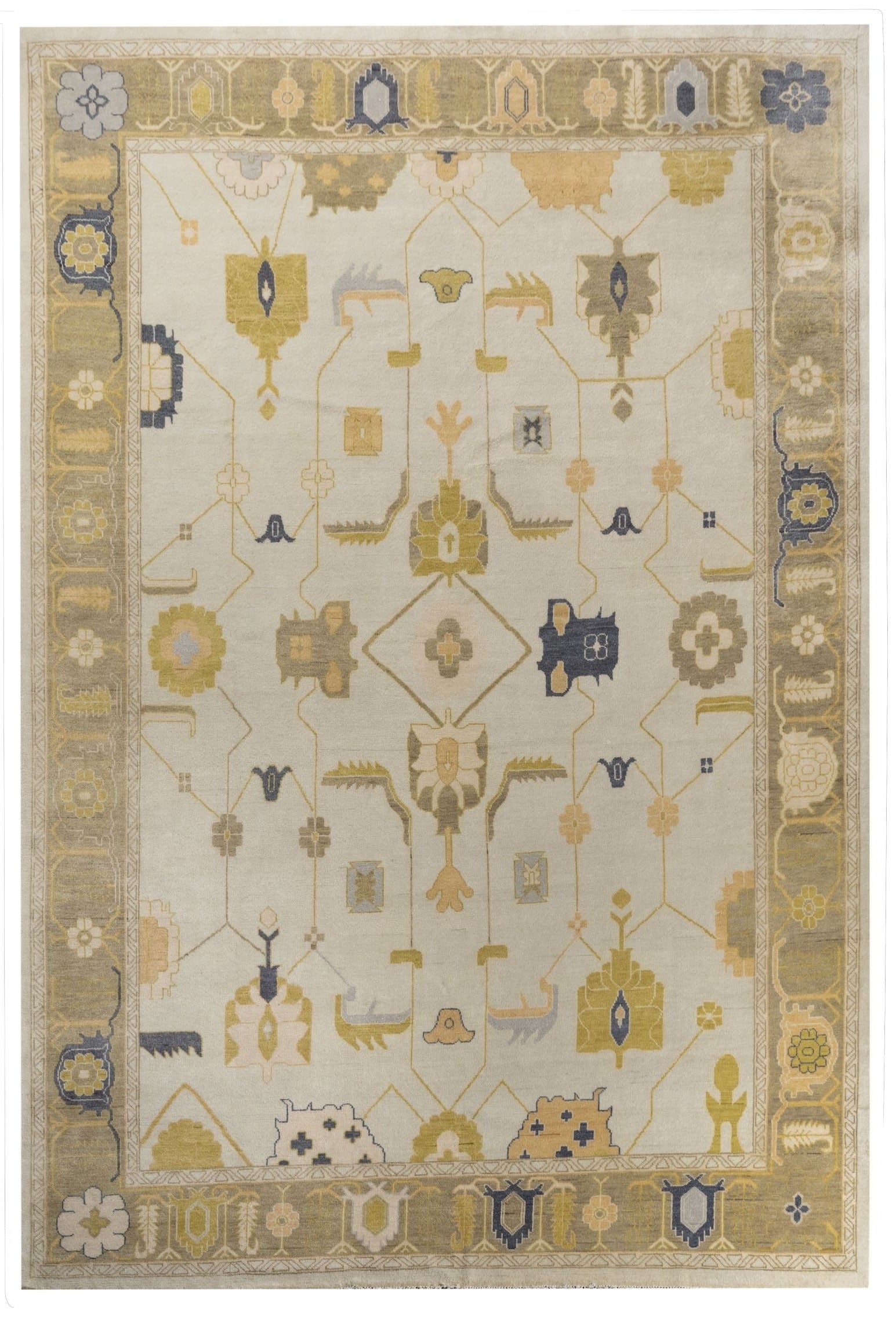 Neutral toned and hand-knotted Oushak style rug made of 100% New Zealand wool. This rug is comprised of tan, taupe, yellow, gold, blue, navy, gray, and ivory colors. 