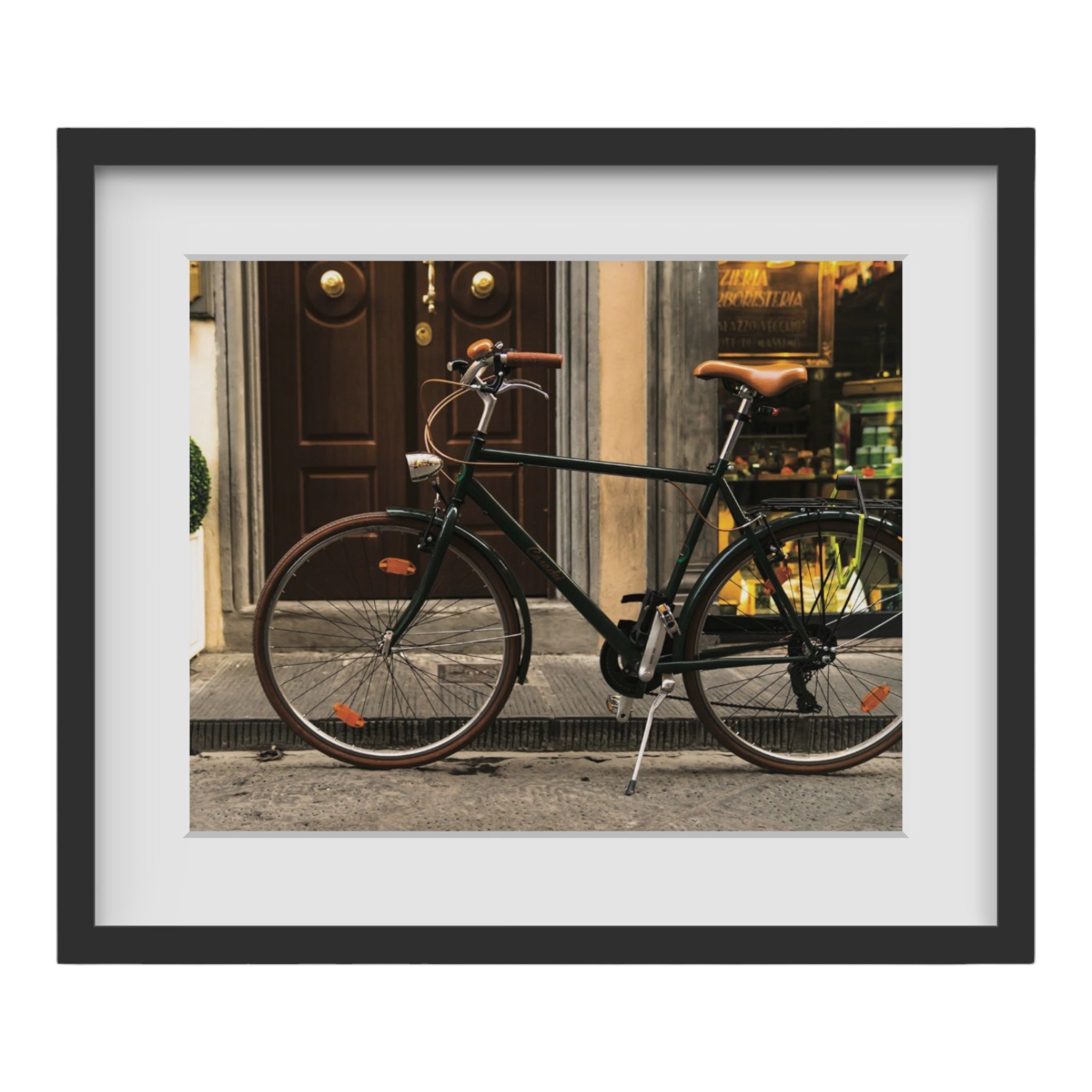 This piece of professional photography for sale is of a charming bicycle parked in Florence, Italy taken by award-winning photographer Paul Scott.  