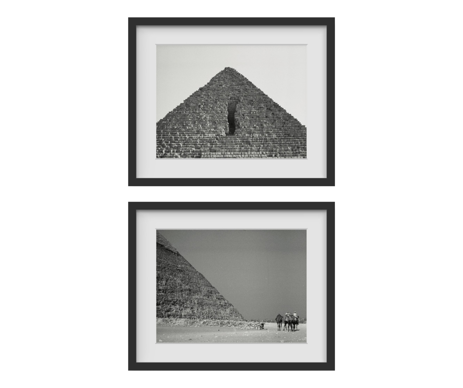 This professional photography for sale includes two black and white photos of pyramids in Cairo, Egypt.  The photos were taken by award-winning photographer, Paul Scott.  