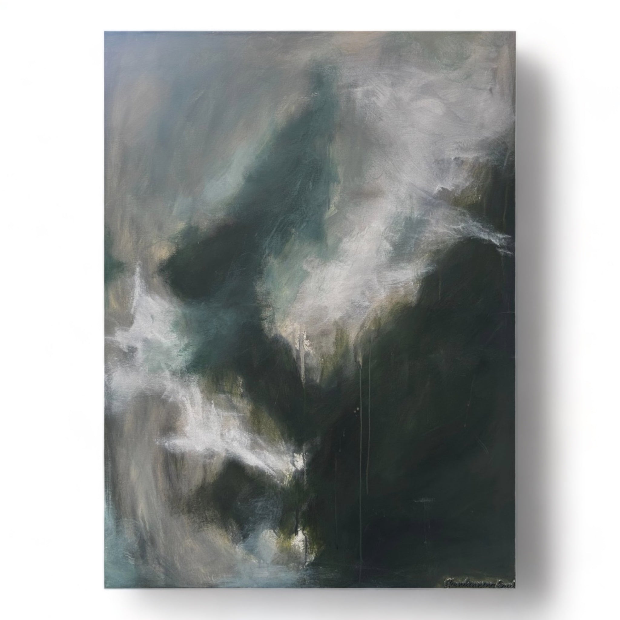 Beautiful abstract artwork painting on canvas by Birmingham artist Glendinning Paul.  This moody piece incorporates dark hues along with lighter tones mimicking fog.  