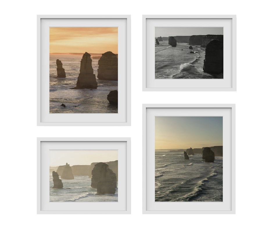 This collection of professional photography for sale was taken in Victoria, Australia and consists of four photographs by Paul Scott.  The rock formations stand tall out of the ocean along the coast line.  