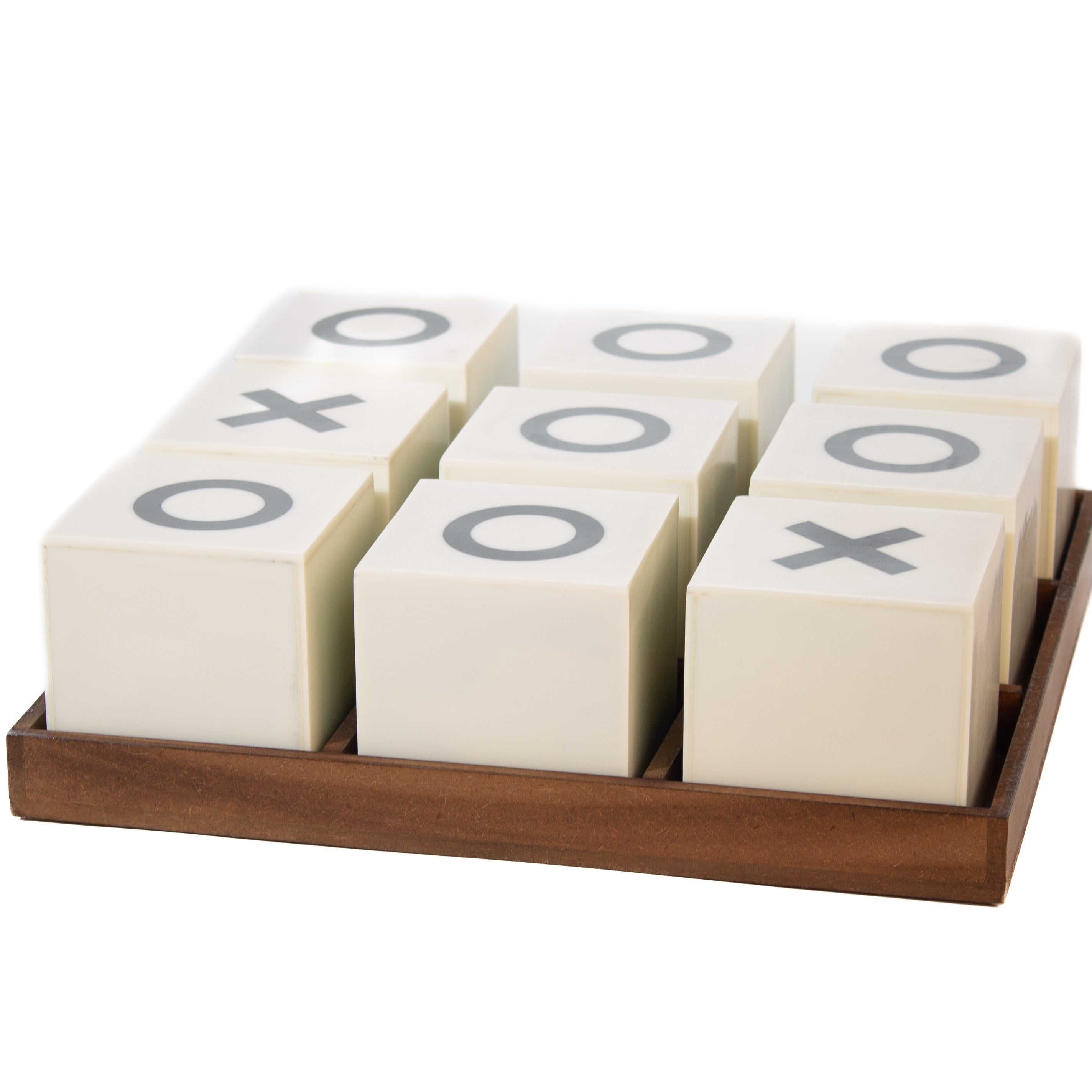 Decorative games.  Large tic tac toe blocks with a wood tray that serves as the playing board.  The ivory blocks have black X's and O's.  