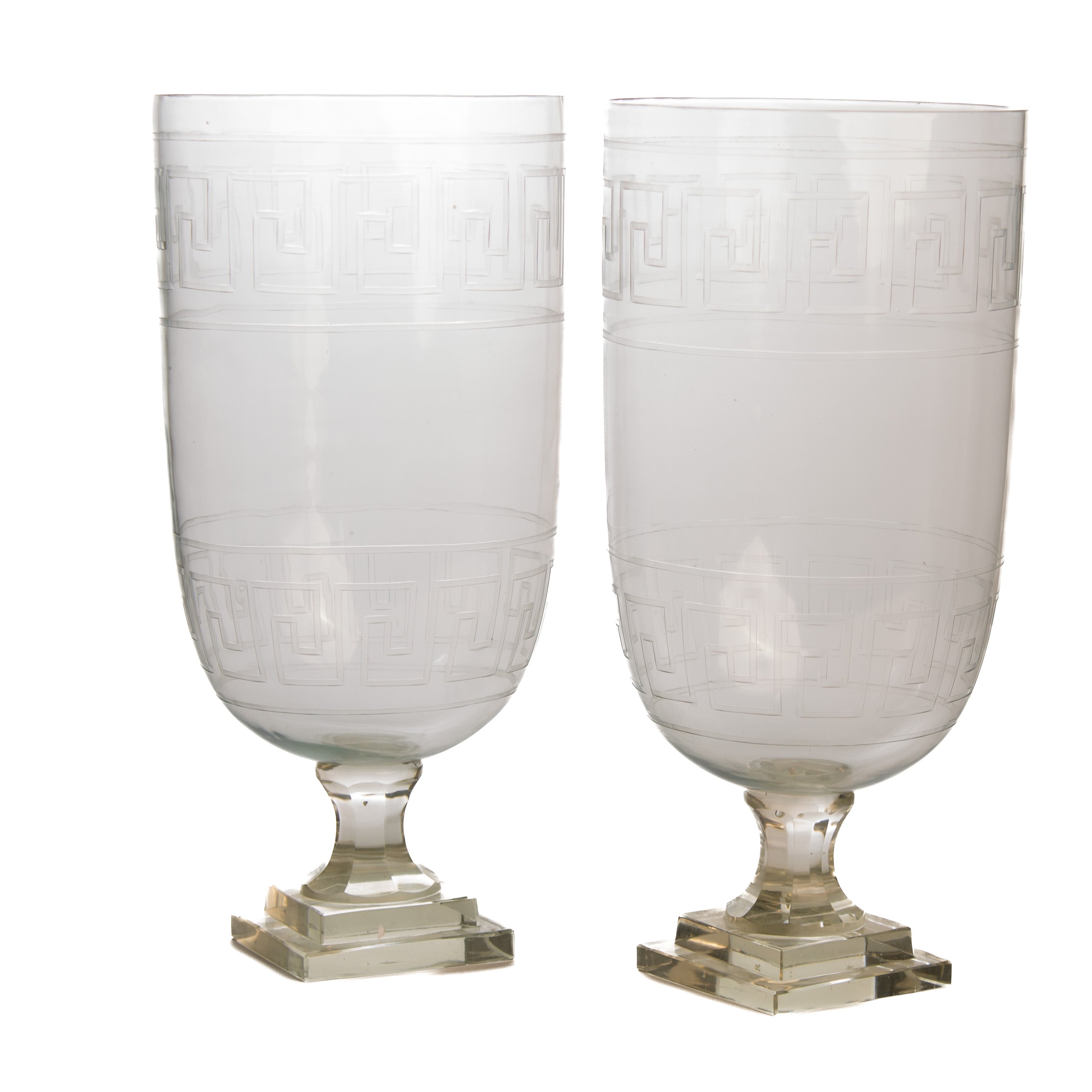 Set of Two Greek Key Glass Hurricanes