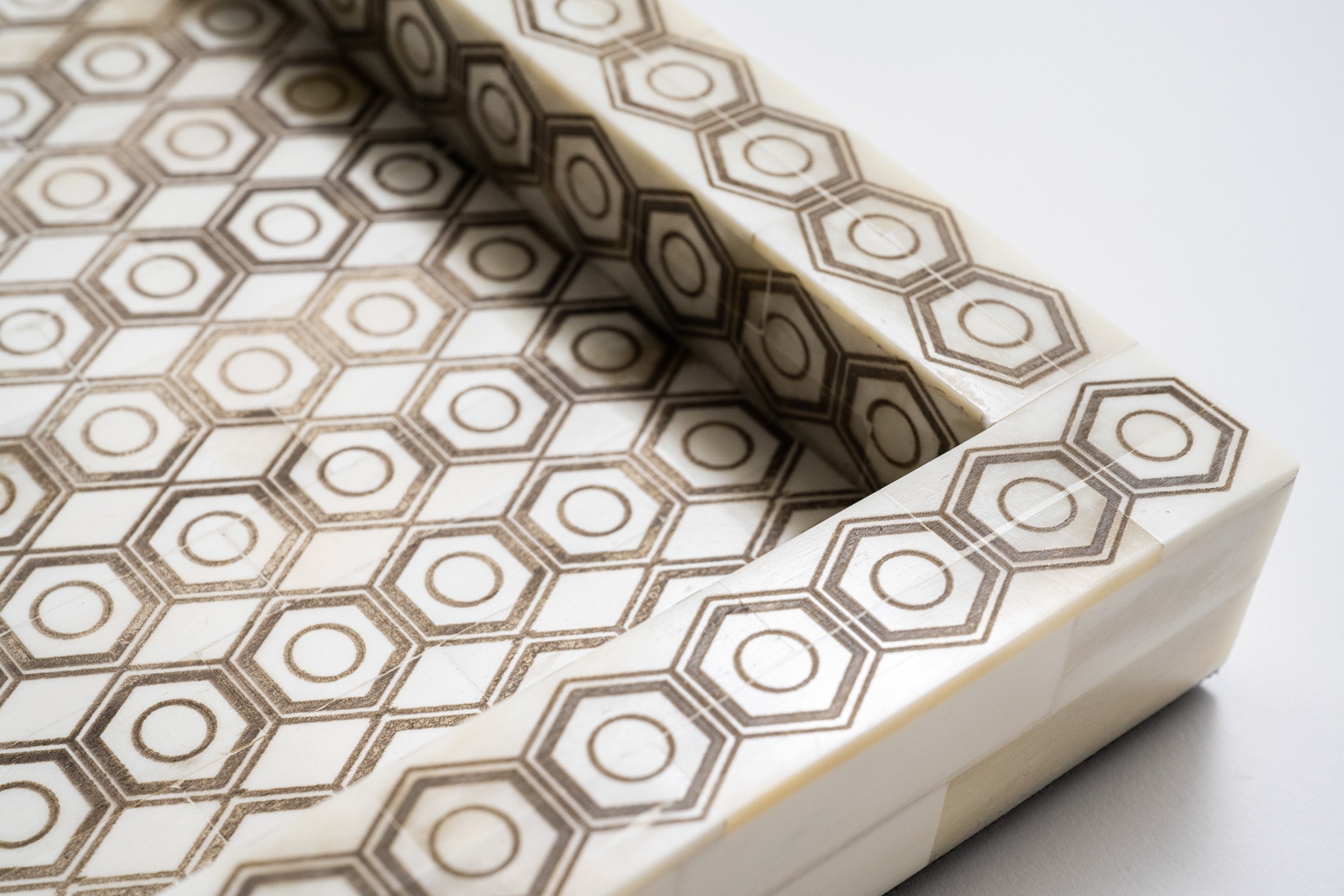 Rectangular bone inlay tray with its honeycomb shaped etchings