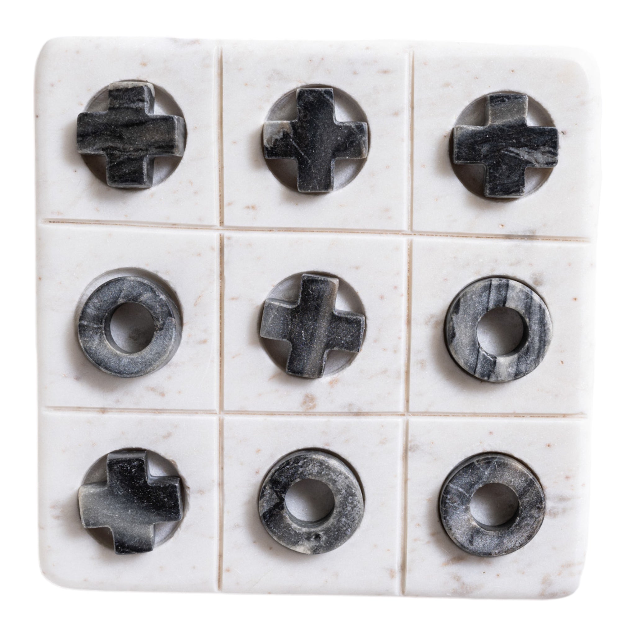 Decorative game.  This marble tic tac toe game has a light gray marble base and dark gray marble X's and O's.  